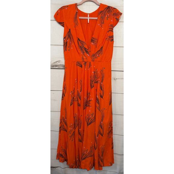 Free People Midi Dress Orange Floral Print Size 4 Pockets Boho Chic - Picture 1 of 5